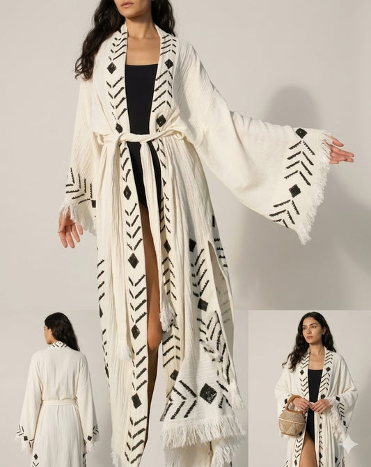 Cream Cotton Black Geometric Embroidered Kaftan Dress | Tribal Fringe Wrap Maxi Kaftan | Bohemian Resort Wear Summer Robe Dress