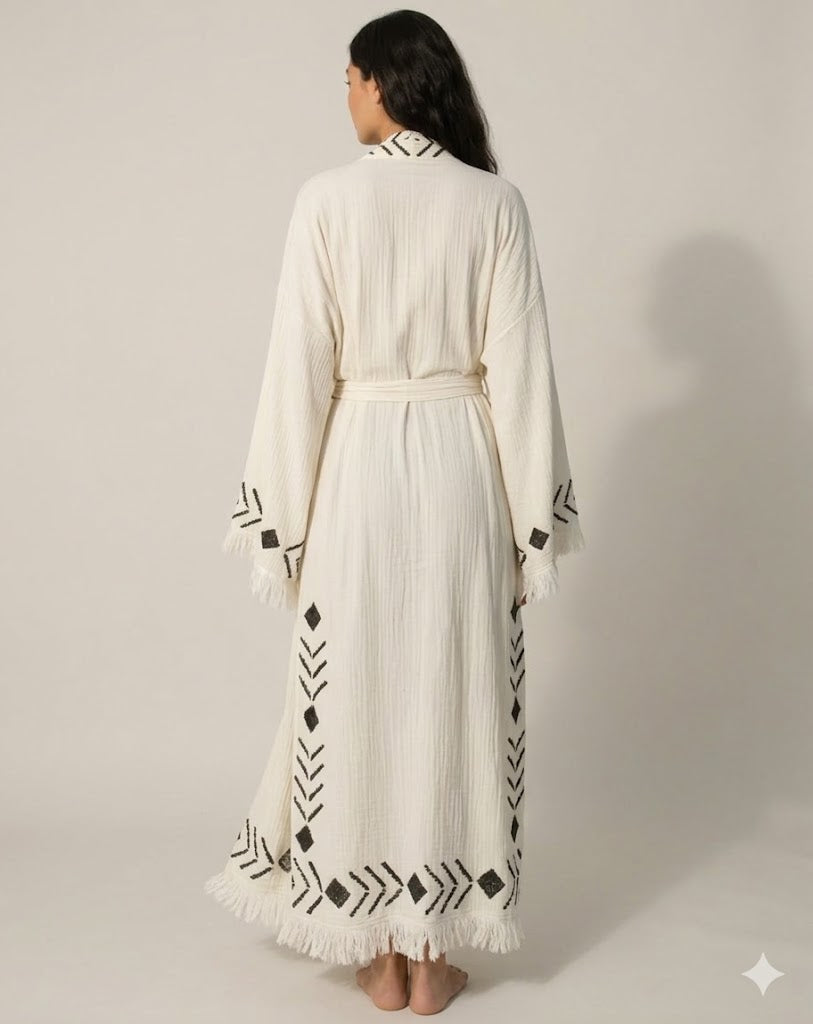 Cream Cotton Black Geometric Embroidered Kaftan Dress