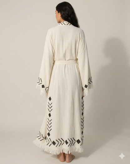 Cream Cotton Black Geometric Embroidered Kaftan Dress