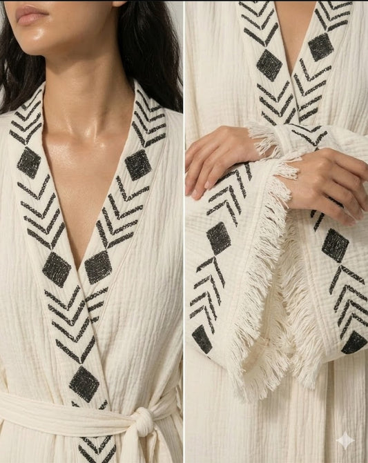 Cream Cotton Black Geometric Embroidered Kaftan Dress | Tribal Fringe Wrap Maxi Kaftan | Bohemian Resort Wear Summer Robe Dress