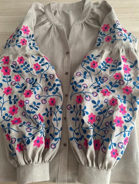 Beige Linen Hot Pink & Blue Floral Embroidered Blouse | Boho Puff Sleeve Button-Up Top | Folk Art Cottagecore Shirt for Women | Vibrant Botanical Style