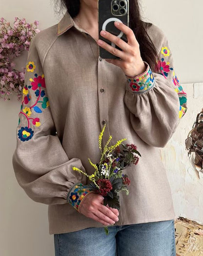 Beige Multicolor Floral Embroidered Cotton Button-Up Shirt | Boho Puff Sleeve Blouse with Rainbow Embroidery on Sleeves & Cuffs | Summer Casual Resort Top for Women