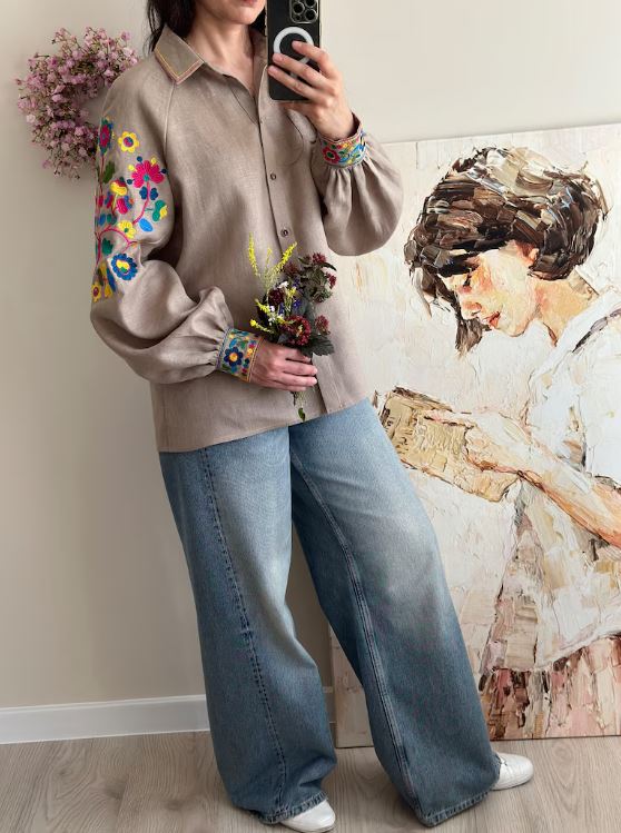 Beige Multicolor Floral Embroidered Cotton Button-Up Shirt | Boho Puff Sleeve Blouse with Rainbow Embroidery on Sleeves & Cuffs | Summer Casual Resort Top for Women