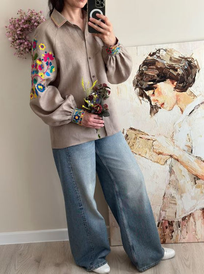 Beige Multicolor Floral Embroidered Cotton Button-Up Shirt | Boho Puff Sleeve Blouse with Rainbow Embroidery on Sleeves & Cuffs | Summer Casual Resort Top for Women