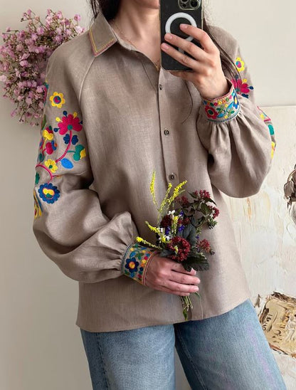 Beige Multicolor Floral Embroidered Cotton Button-Up Shirt | Boho Puff Sleeve Blouse with Rainbow Embroidery on Sleeves & Cuffs | Summer Casual Resort Top for Women