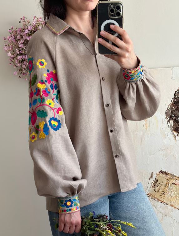Beige Multicolor Floral Embroidered Cotton Button-Up Shirt | Boho Puff Sleeve Blouse with Rainbow Embroidery on Sleeves & Cuffs | Summer Casual Resort Top for Women