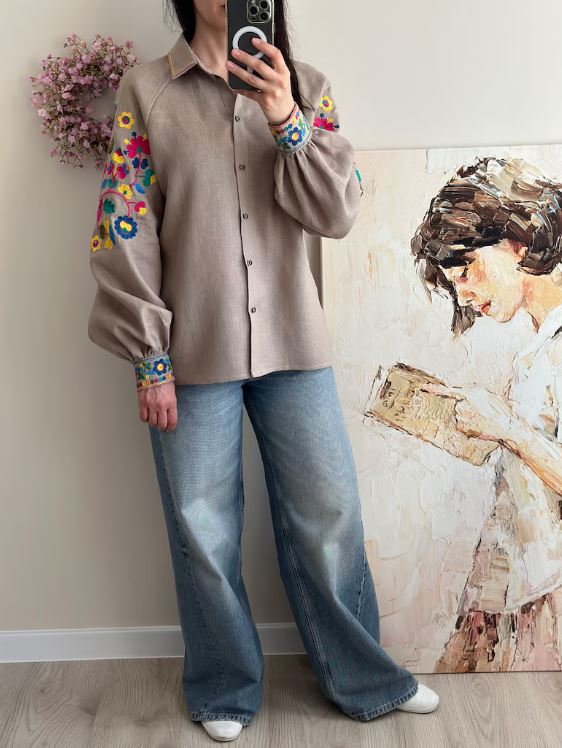 Beige Multicolor Floral Embroidered Cotton Button-Up Shirt | Boho Puff Sleeve Blouse with Rainbow Embroidery on Sleeves & Cuffs | Summer Casual Resort Top for Women