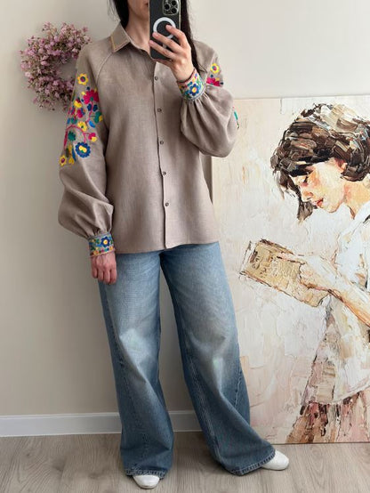 Beige Multicolor Floral Embroidered Cotton Button-Up Shirt | Boho Puff Sleeve Blouse with Rainbow Embroidery on Sleeves & Cuffs | Summer Casual Resort Top for Women