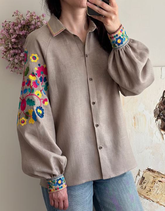 Beige Multicolor Floral Embroidered Cotton Button-Up Shirt | Boho Puff Sleeve Blouse with Rainbow Embroidery on Sleeves & Cuffs | Summer Casual Resort Top for Women