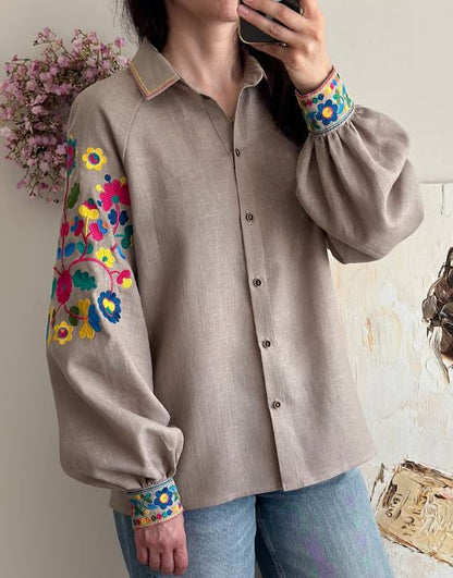 Beige Multicolor Floral Embroidered Cotton Button-Up Shirt | Boho Puff Sleeve Blouse with Rainbow Embroidery on Sleeves & Cuffs | Summer Casual Resort Top for Women