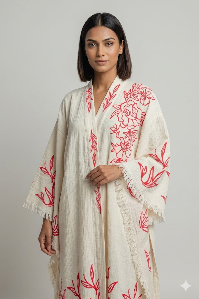 Cream Cotton Red Floral Embroidered Kaftan Dress