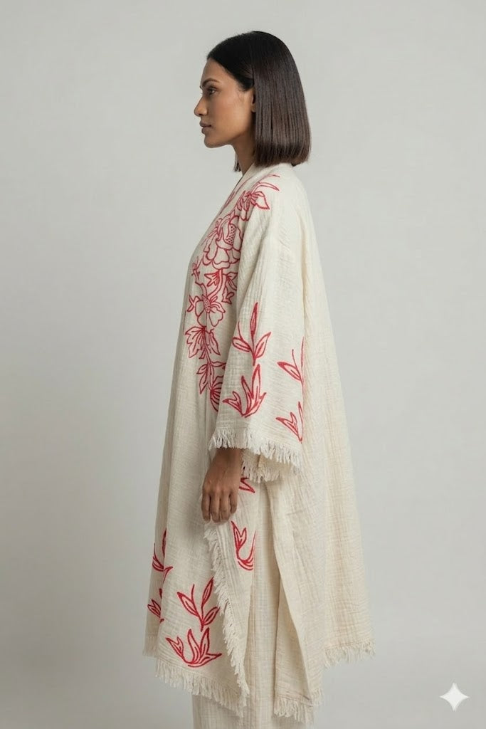 Cream Cotton Red Floral Embroidered Kaftan Dress