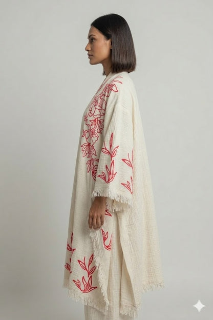 Cream Cotton Red Floral Embroidered Kaftan Dress