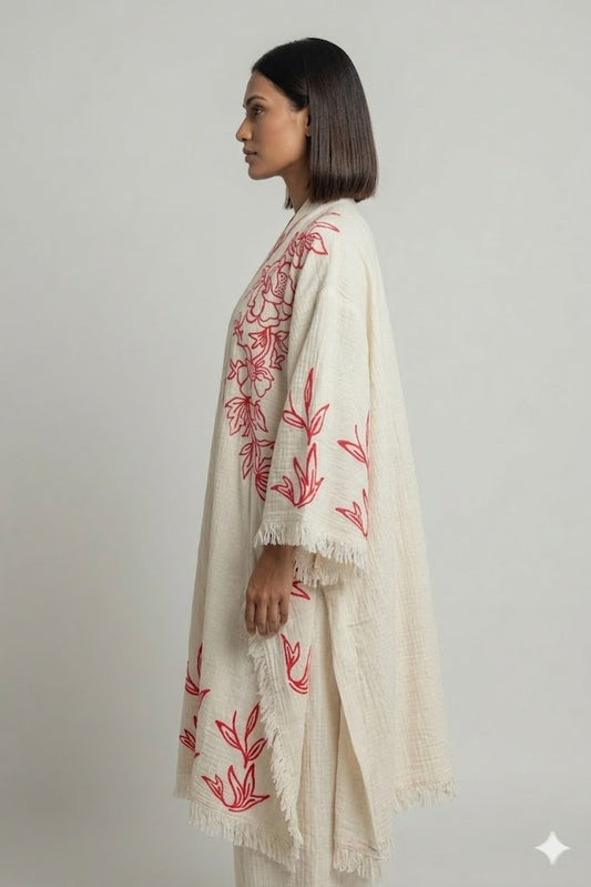 Cream Cotton Red Floral Embroidered Kaftan Dress | Bohemian Fringe Wrap Kaftan | Vibrant Summer Resort Wear Dress
