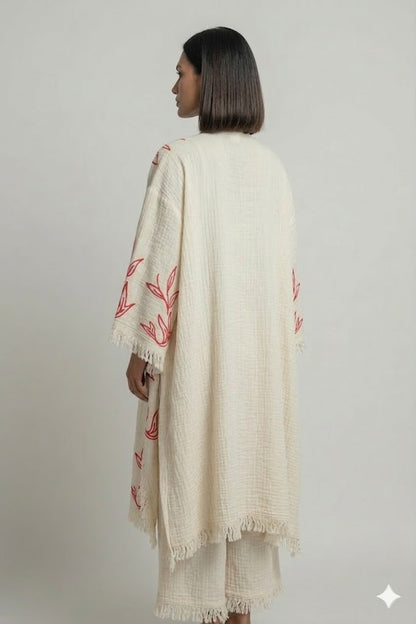 Cream Cotton Red Floral Embroidered Kaftan Dress