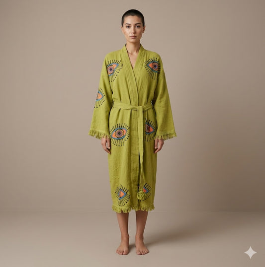 Lime Green Cotton Evil Eye Embroidered Wrap KIMONO Dress | Mystical Bohemian Tie-Waist Midi Kaftan | Protective Resort Wear Summer Robe Dress