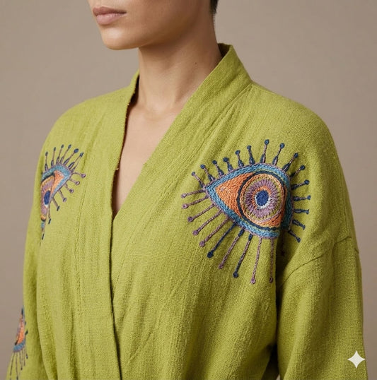 Lime Green Cotton Evil Eye Embroidered Wrap KIMONO Dress | Mystical Bohemian Tie-Waist Midi Kaftan | Protective Resort Wear Summer Robe Dress