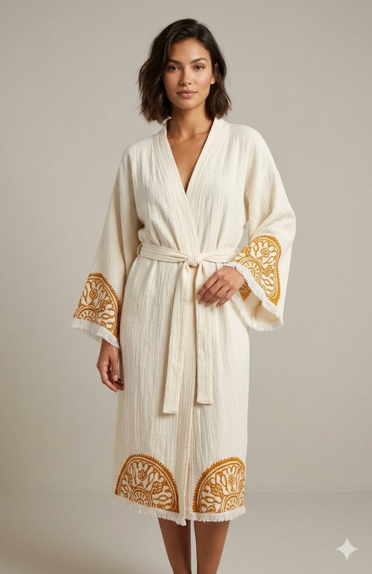 Cream Cotton Gold Mandala Embroidered Wrap Kaftan Dress | Bohemian Tie-Waist Midi Kaftan | Luxury Resort Wear Summer Robe Dress