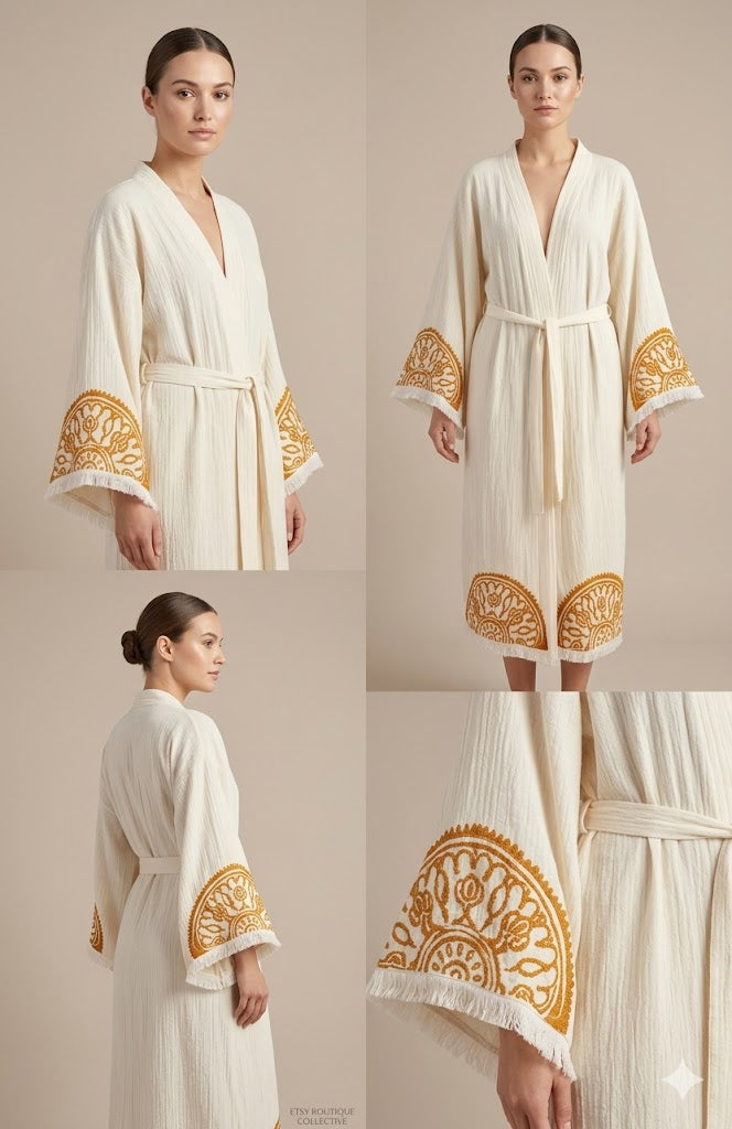 Cream Cotton Gold Mandala Embroidered Wrap Kaftan Dress