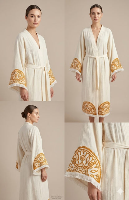 Cream Cotton Gold Mandala Embroidered Wrap Kaftan Dress