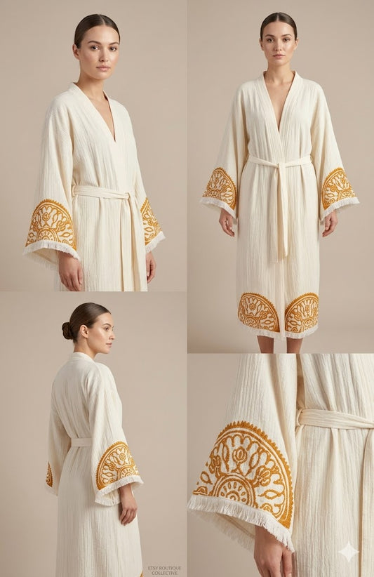 Cream Cotton Gold Mandala Embroidered Wrap Kaftan Dress | Bohemian Tie-Waist Midi Kaftan | Luxury Resort Wear Summer Robe Dress