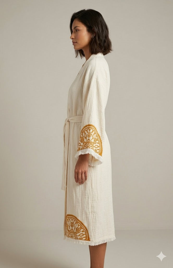Cream Cotton Gold Mandala Embroidered Wrap Kaftan Dress