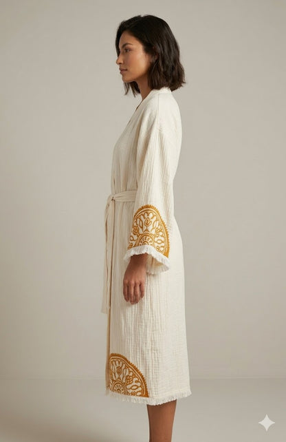 Cream Cotton Gold Mandala Embroidered Wrap Kaftan Dress