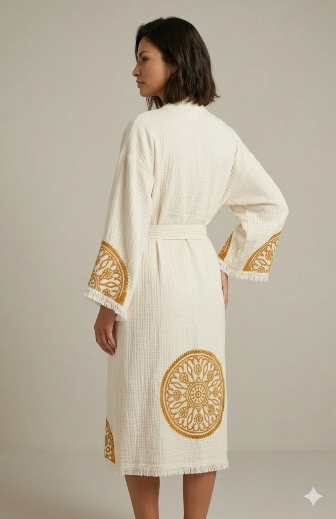 Cream Cotton Gold Mandala Embroidered Wrap Kaftan Dress