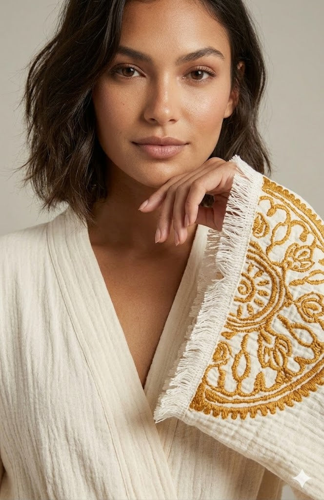 Cream Cotton Gold Mandala Embroidered Wrap Kaftan Dress