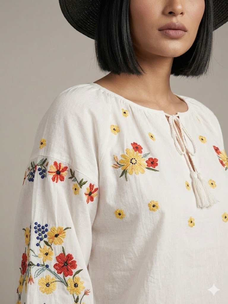 White Floral Embroidered Cotton 2 PICES SET