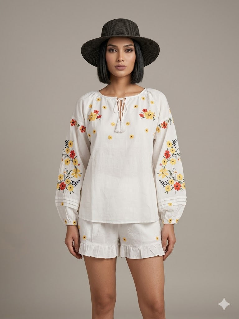 White Floral Embroidered Cotton 2 PICES SET