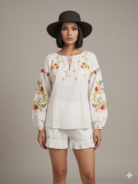 White Floral Embroidered Cotton 2 PICES SET