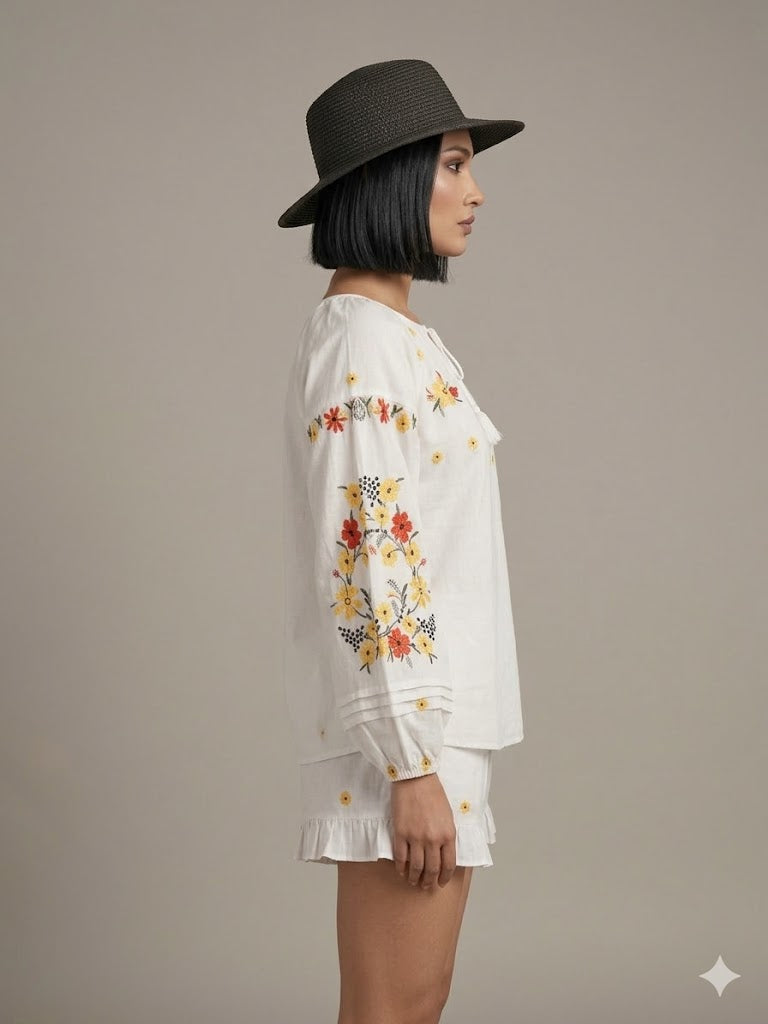 White Floral Embroidered Cotton 2 PICES SET