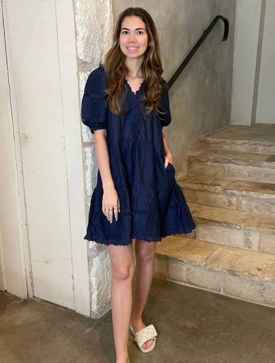 Navy Blue Cotton Puff Sleeve Tiered Mini Dress , V-Neck Babydoll Short Summer Dress