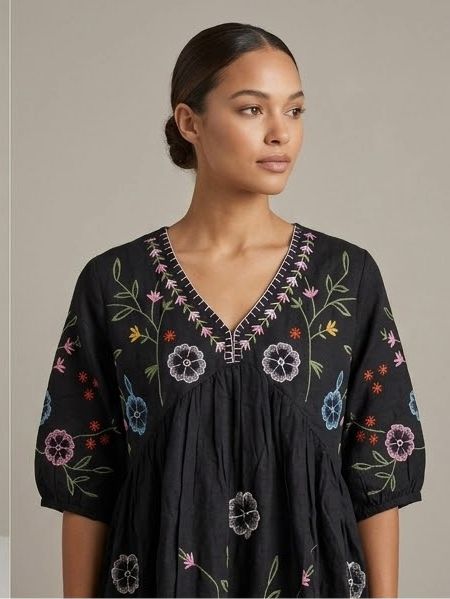 Black Cotton Embroidered Mini Dress