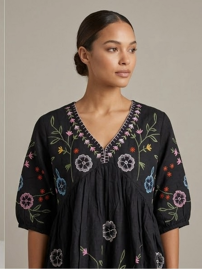 Black Cotton Embroidered Mini Dress