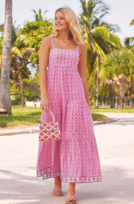 Pink Block Printed Cotton Maxi Dress | Halter Neck Smocked Tiered Long Dress with Back Tie Bows – Breathable Bohemian Ethnic Fusion Wear for Women