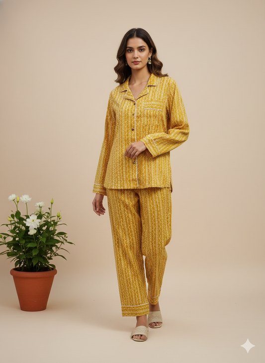 Handmade Organic Cotton Block Print PJ Set - Boho Mustard Striped Loungewear | Breathable Long Sleeve Pajama Set for Women | Luxury Nightwear & Bridesmaid Gift Set