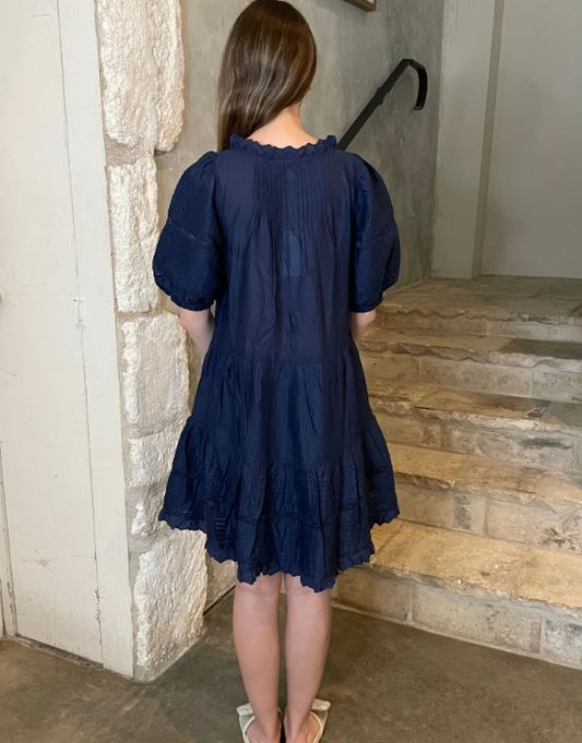 Navy Blue Cotton Puff Sleeve Tiered Mini Dress , V-Neck Babydoll Short Summer Dress
