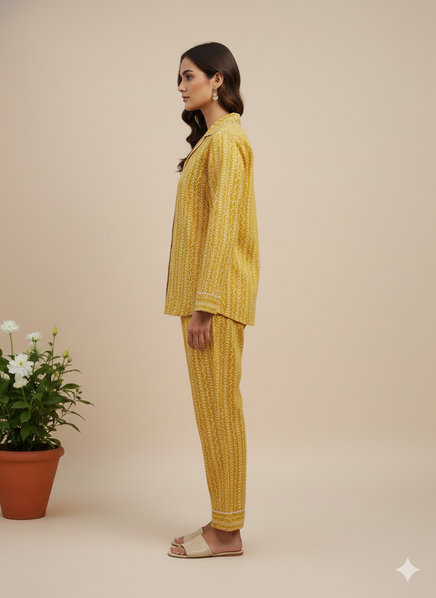 Handmade Organic Cotton Block Print PJ Set - Boho Mustard Striped Loungewear | Breathable Long Sleeve Pajama Set for Women | Luxury Nightwear & Bridesmaid Gift Set