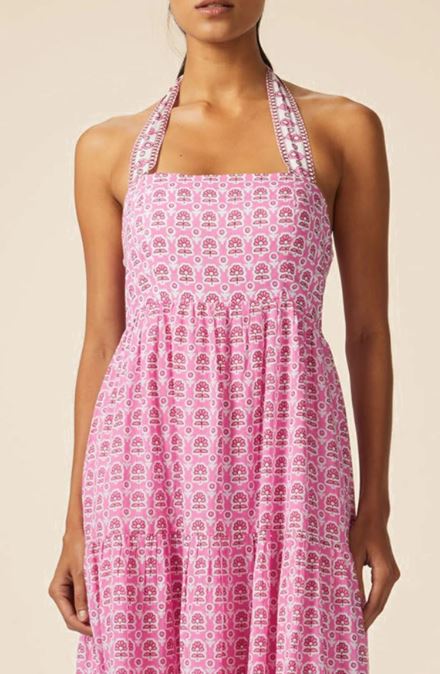 Pink Block Printed Cotton Maxi Dress | Halter Neck Smocked Tiered Long Dress with Back Tie Bows – Breathable Bohemian Ethnic Fusion Wear for Women