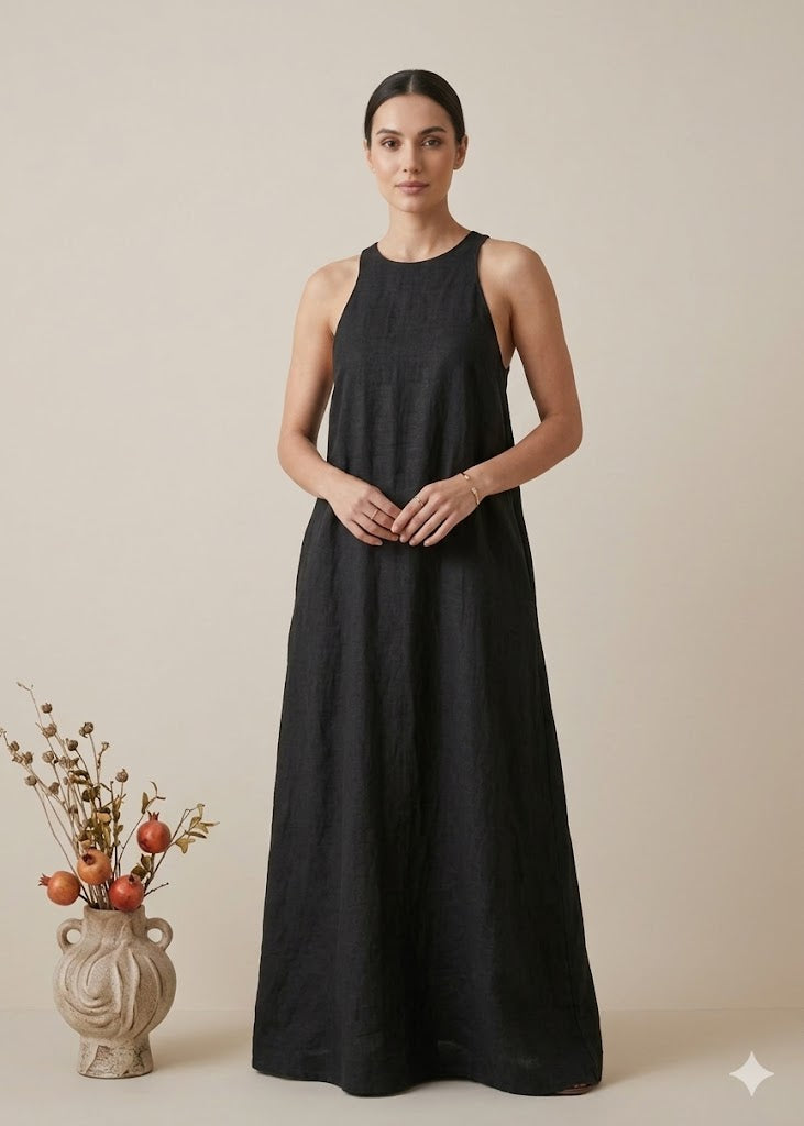 Black Sleeveless Linen Maxi Dress