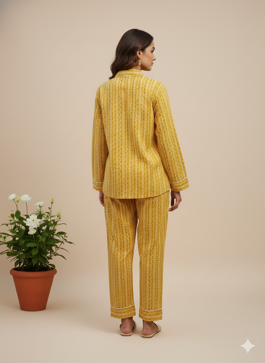 Handmade Organic Cotton Block Print PJ Set - Boho Mustard Striped Loungewear | Breathable Long Sleeve Pajama Set for Women | Luxury Nightwear & Bridesmaid Gift Set