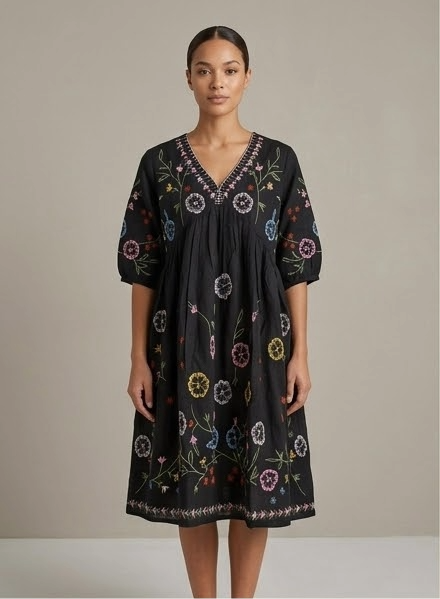 Black Cotton Embroidered Mini Dress