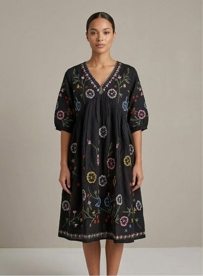 Black Cotton Embroidered Mini Dress