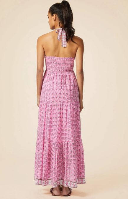 Pink Block Printed Cotton Maxi Dress | Halter Neck Smocked Tiered Long Dress with Back Tie Bows – Breathable Bohemian Ethnic Fusion Wear for Women