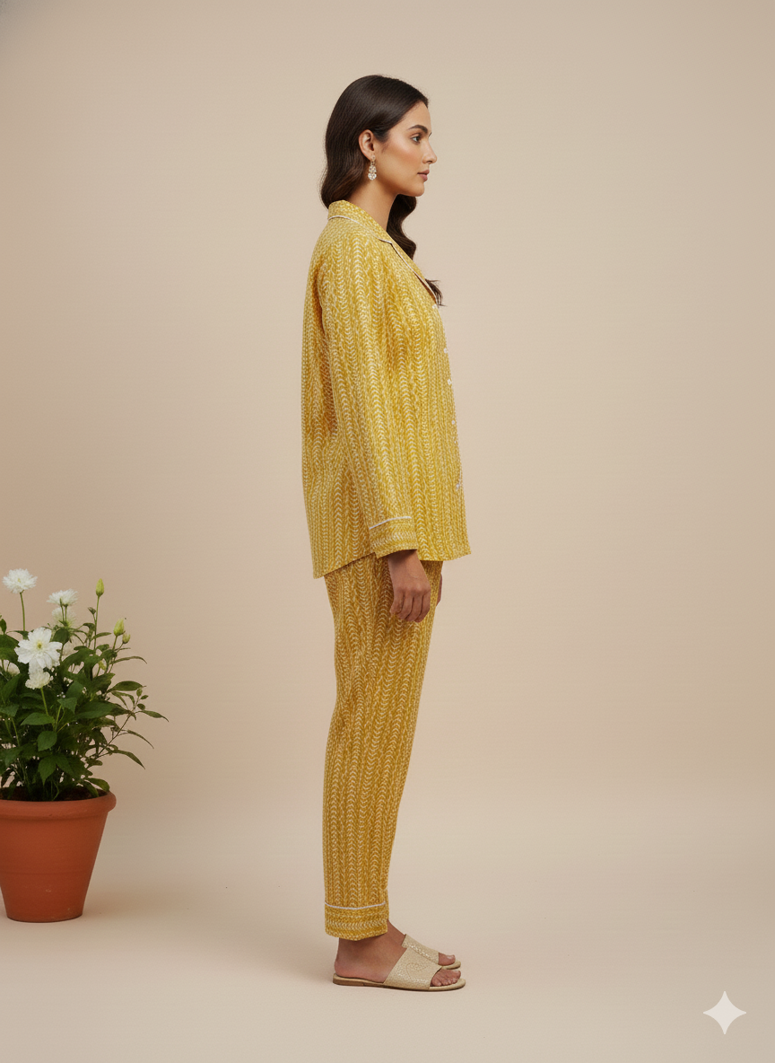 Handmade Organic Cotton Block Print PJ Set - Boho Mustard Striped Loungewear | Breathable Long Sleeve Pajama Set for Women | Luxury Nightwear & Bridesmaid Gift Set