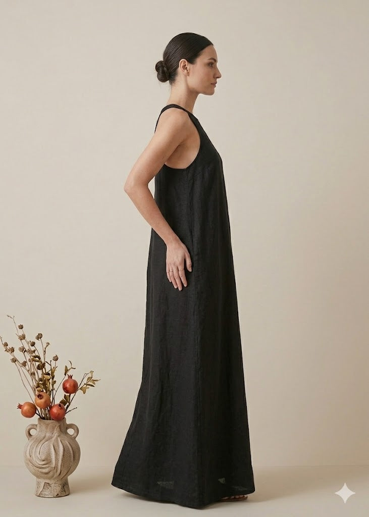 Black Sleeveless Linen Maxi Dress