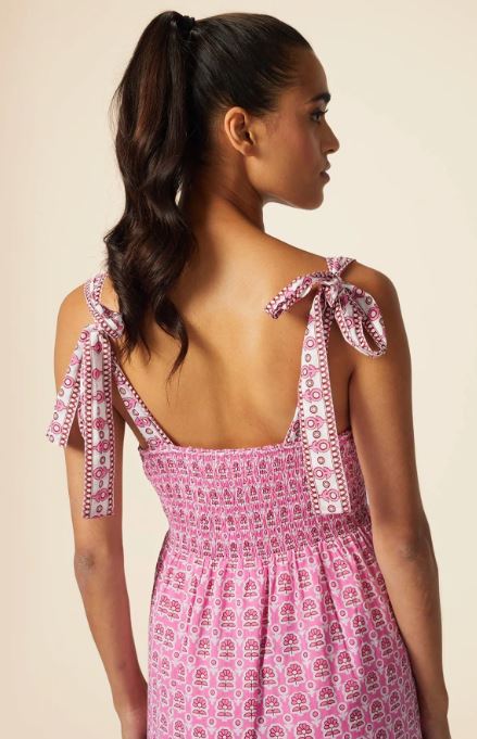 Pink Block Printed Cotton Maxi Dress | Halter Neck Smocked Tiered Long Dress with Back Tie Bows – Breathable Bohemian Ethnic Fusion Wear for Women