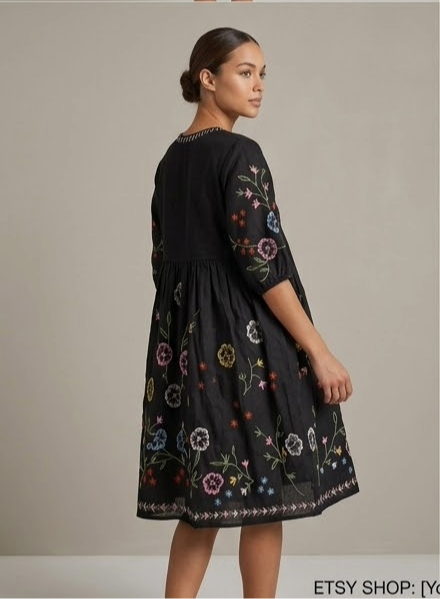 Black Cotton Embroidered Mini Dress